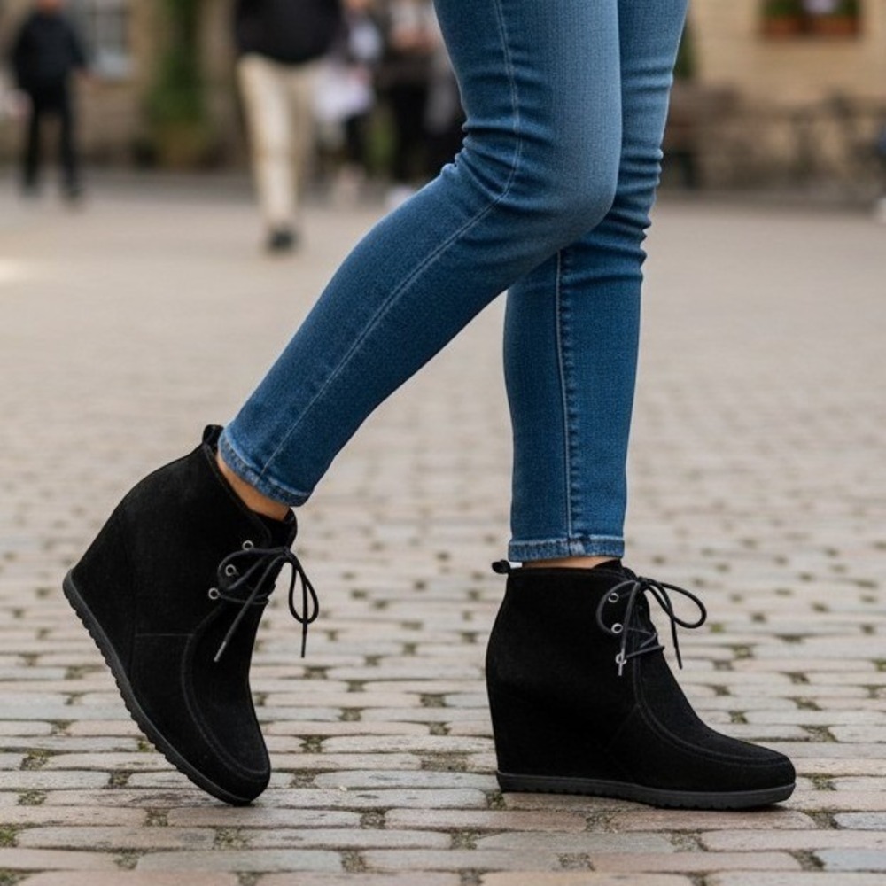 Michael Michael Kors Tamara Women Wedge Bootie 8.5 Fashion Black Suede Lace Up